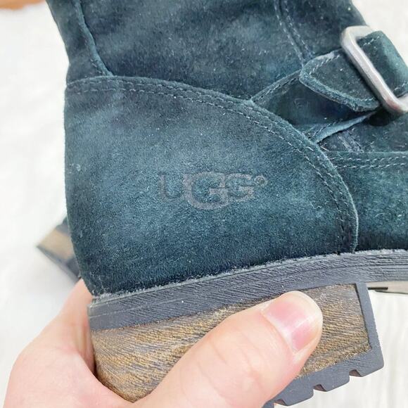 Ugg Black Suede Moto Boots Women's Size 6.5 Side Zip Shearling Lined Round Toe - Picture 7 of 10